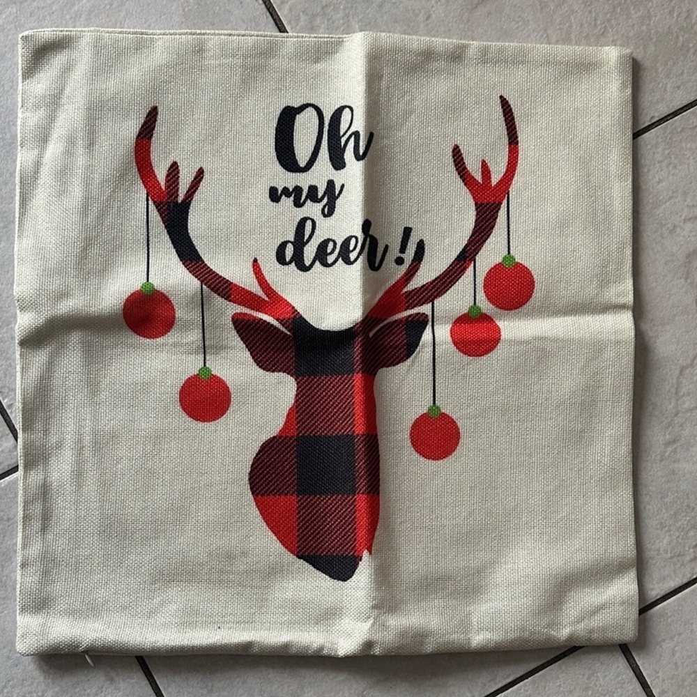Festive Red and Black Plaid Reindeer Pillow Cover